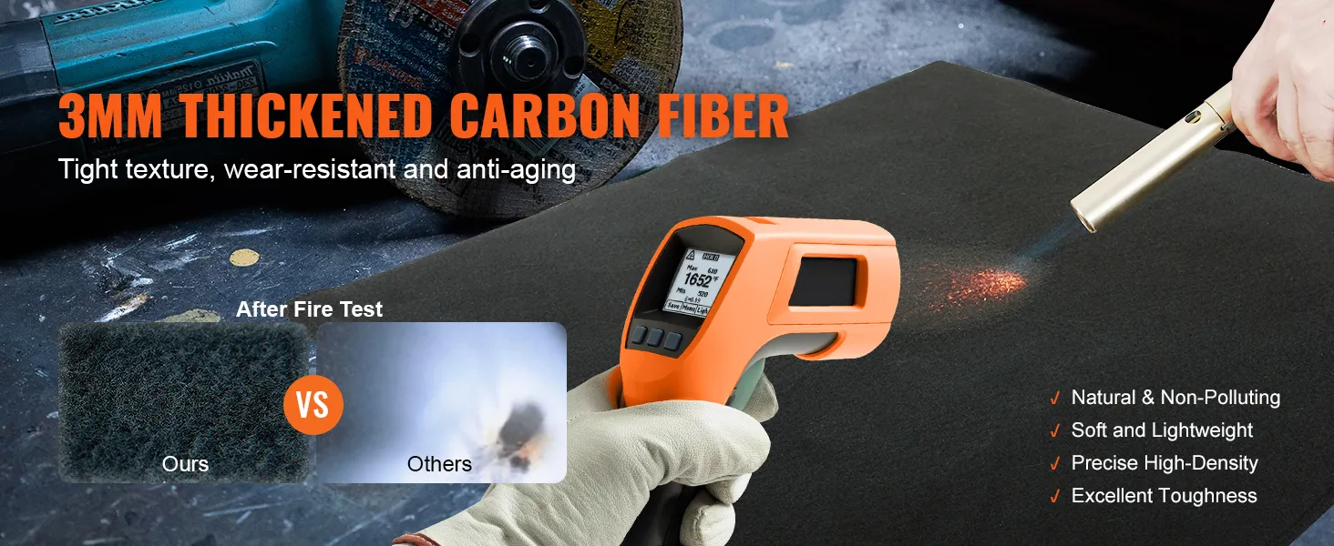 3mm thickened carbon fiber with heat test on VEVOR welding blanket, showing durability and wear resistance.