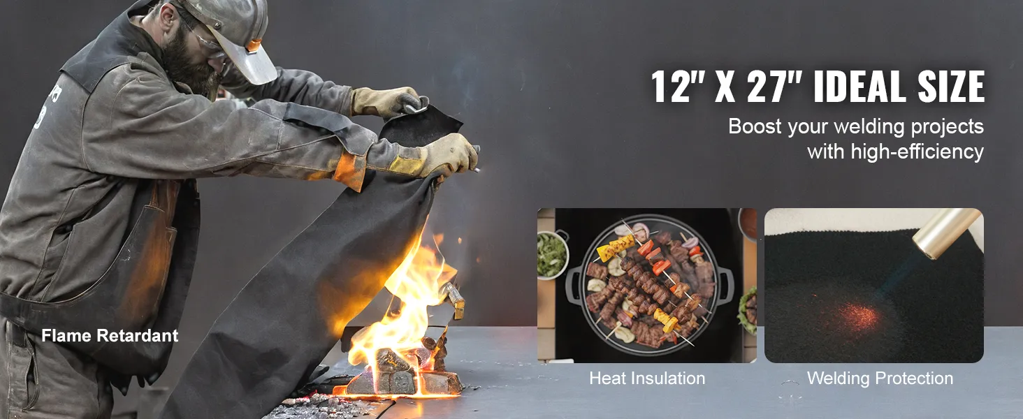 welding professional using a flame retardant VEVOR welding blanket near active sparks and flames.
