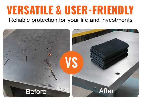 before and after comparison showcasing the protective power of VEVOR welding blanket on workbenches.