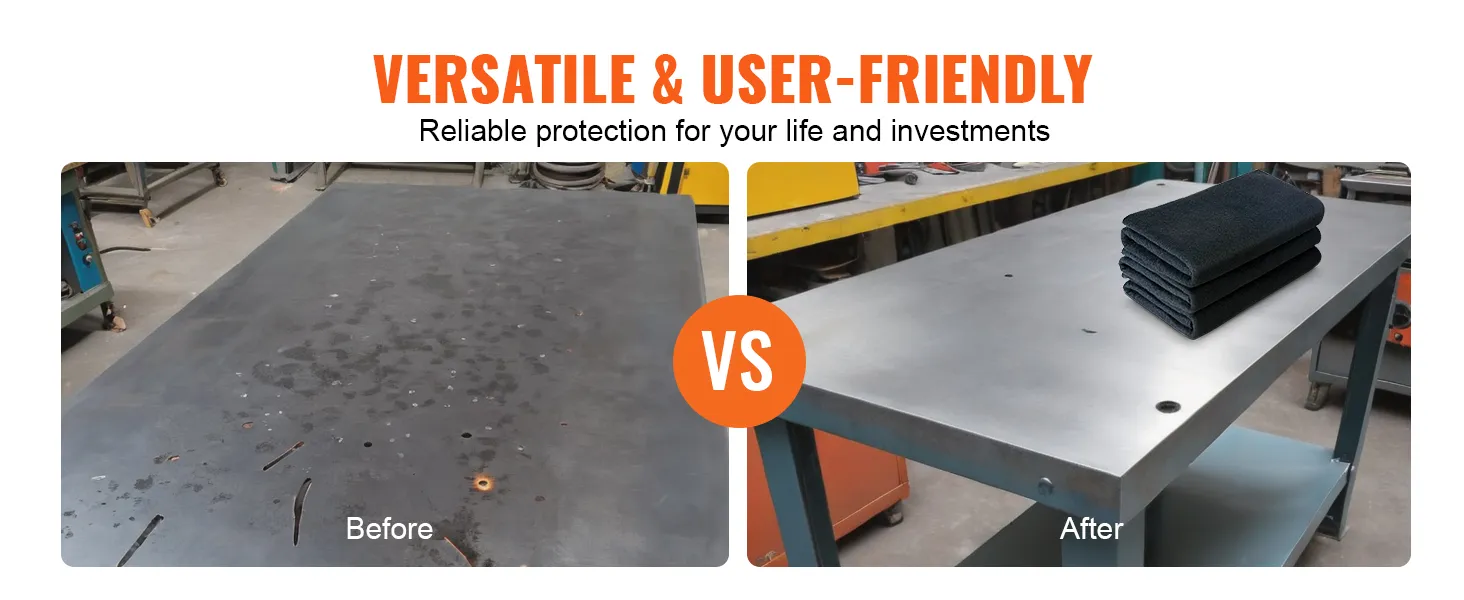 before and after comparison showcasing the protective power of VEVOR welding blanket on workbenches.