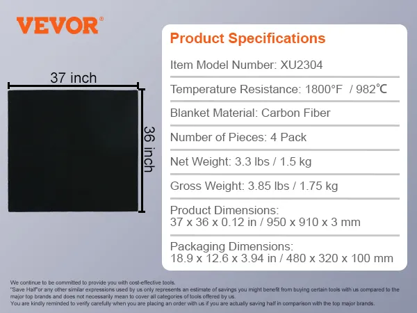 schwarze Schweißdecken aus Kohlefaser von VEVOR, 37 x 36 Zoll, 1800 °F Widerstand, 4er-Pack.
