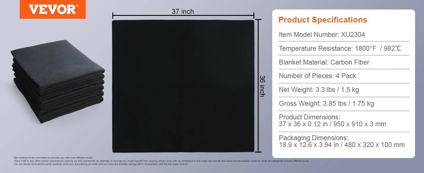 schwarze Schweißdecken aus Kohlefaser von VEVOR, 37 x 36 Zoll, 1800 °F Widerstand, 4er-Pack.