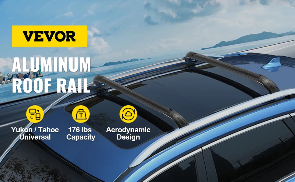 Barras transversales para portaequipajes de techo VEVOR para automóvil azul con capacidad de 176 lb y diseño aerodinámico.