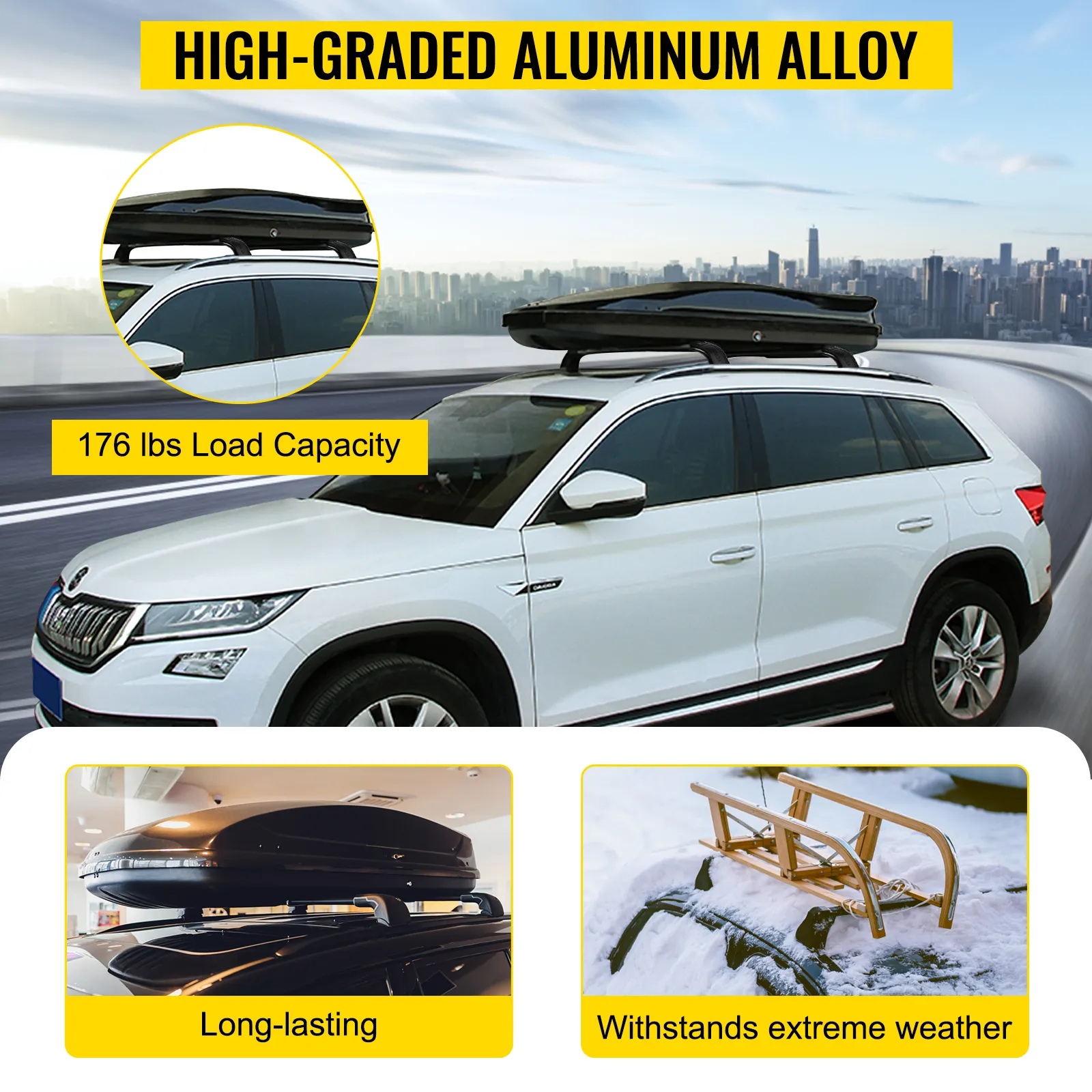 Barras transversales del portaequipajes de techo VEVOR en un SUV blanco, que muestran una aleación de aluminio de alta calidad.