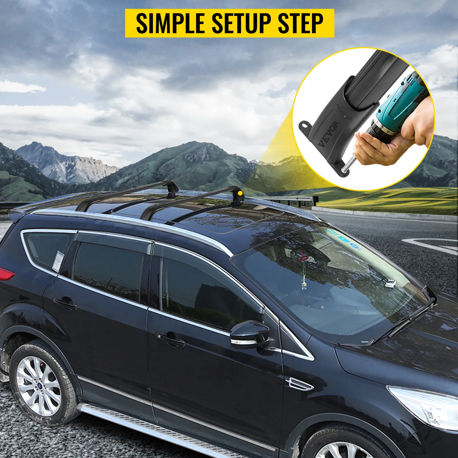 SUV negro con barras transversales de techo VEVOR frente a un paisaje montañoso.