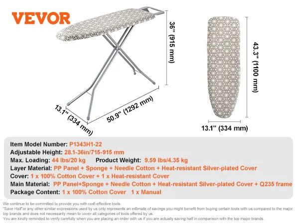 tabla de planchar VEVOR con cubierta estampada, altura ajustable y máximo de 20 kg.