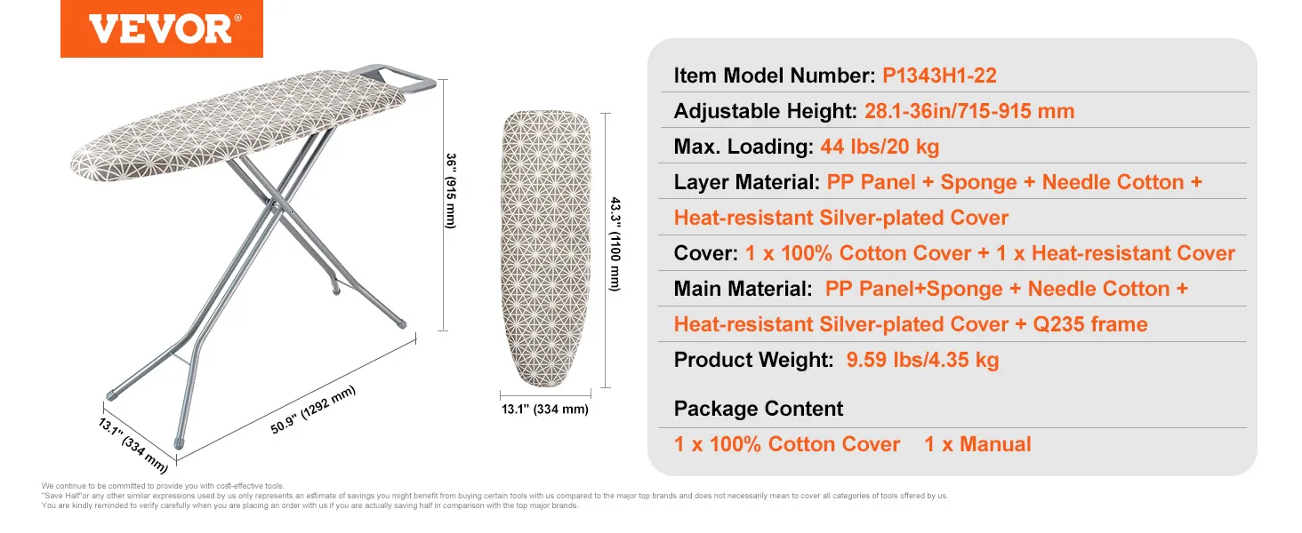 tabla de planchar VEVOR con cubierta estampada, altura ajustable y máximo de 20 kg.