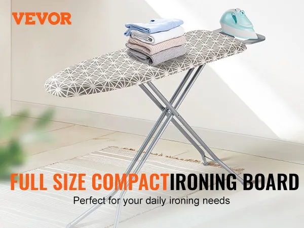 Tabla de planchar VEVOR con ropa doblada y plancha junto a lavadora y secadora. Perfecta para uso diario.