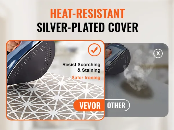 Comparación de cubierta plateada resistente al calor: la tabla de planchar VEVOR resiste quemaduras y manchas.
