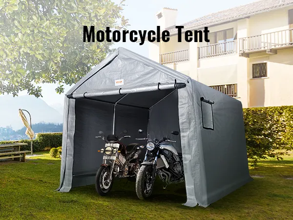 Motorräder in einem VEVOR-Außenlagerraum auf einer Rasenfläche mit Bäumen und einem Haus im Hintergrund.