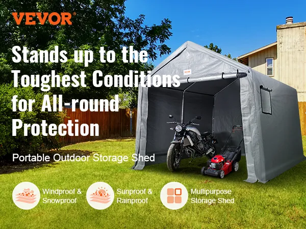 Cobertizo portátil VEVOR en el patio trasero con motocicleta y cortadora de césped, que ofrece protección integral.