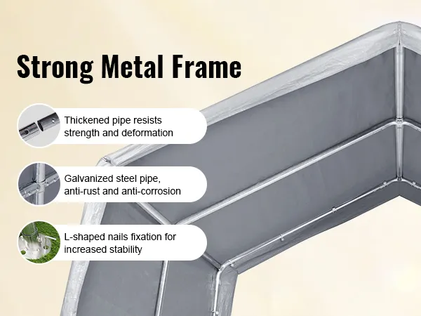 Fuerte estructura de metal para cobertizo portátil VEVOR con tubo engrosado, acero galvanizado y clavos en forma de L.