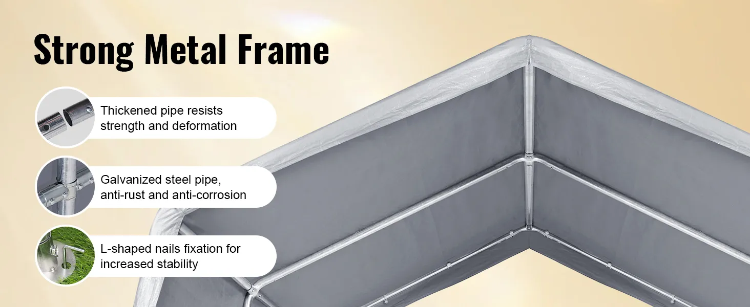 Fuerte estructura de metal para cobertizo portátil VEVOR con tubo engrosado, acero galvanizado y clavos en forma de L.