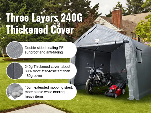 Cobertizo portátil VEVOR de tres capas engrosado de 240 g con espacio para motocicleta y cortadora de césped, que muestra durabilidad.
