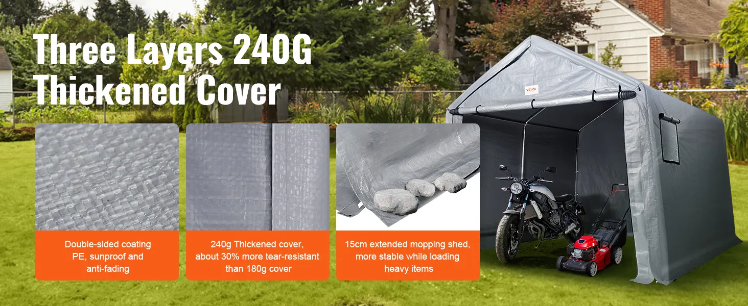 Cobertizo portátil VEVOR de tres capas engrosado de 240 g con espacio para motocicleta y cortadora de césped, que muestra durabilidad.