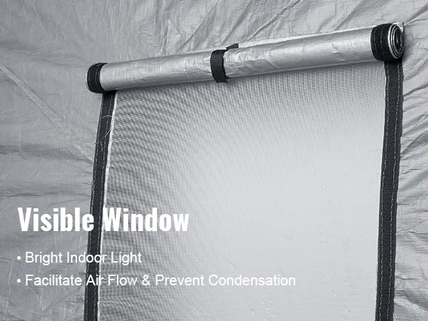 Cobertizo portátil VEVOR con ventana visible para una luz interior brillante y flujo de aire para evitar la condensación.