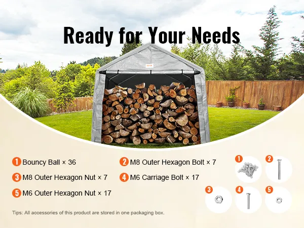 Cobertizo portátil VEVOR con troncos, pelotas saltarinas, pernos, tuercas y accesorios de montaje en el patio trasero.