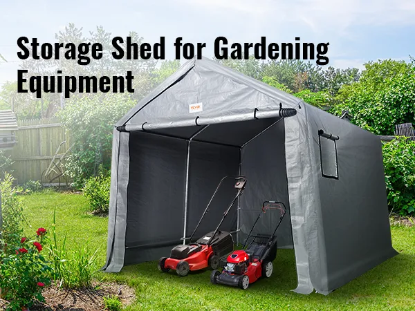 Cobertizo portátil VEVOR con equipos de jardinería almacenados en su interior, en un jardín trasero verde.
