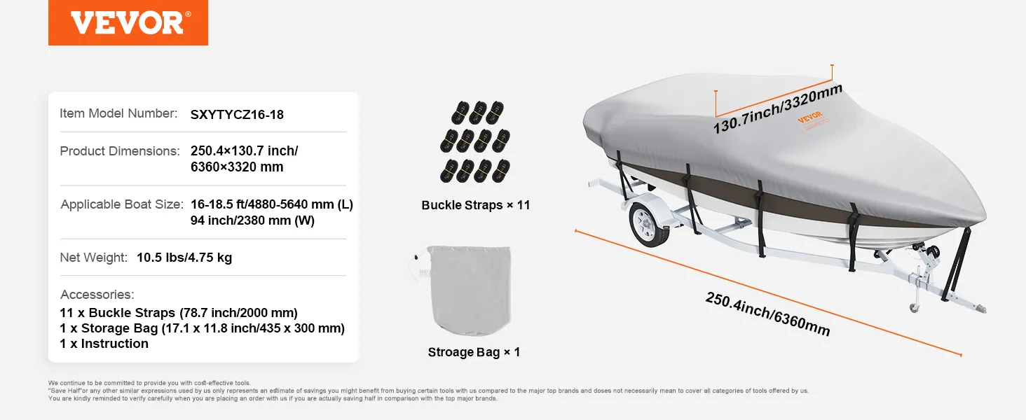 VEVOR-Bootsabdeckung mit Schnallenriemen, Aufbewahrungstasche, passend für 16-18,5 Fuß große Boote, 250,4 x 130,7 Zoll.