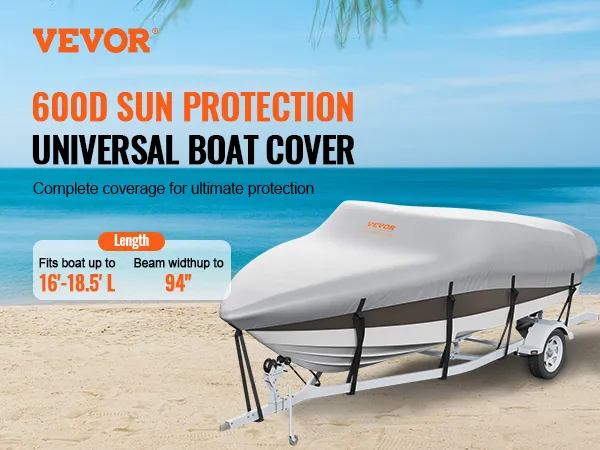 VEVOR-Bootsabdeckung mit 600d Sonnenschutz auf einem Anhänger am Strand, passend für Boote bis zu 18,5 Fuß.