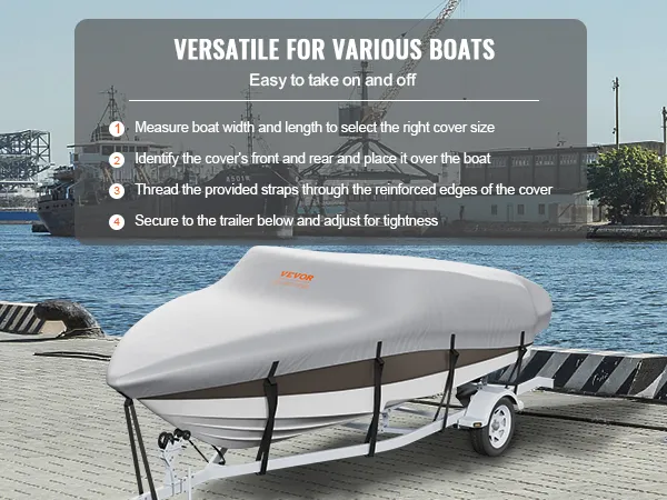 VEVOR-Bootsabdeckung auf einem Anhänger am Dock. Einfache Installationsschritte für verschiedene Boote werden gezeigt.