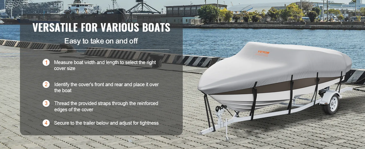 VEVOR-Bootsabdeckung auf einem Anhänger am Dock. Einfache Installationsschritte für verschiedene Boote werden gezeigt.