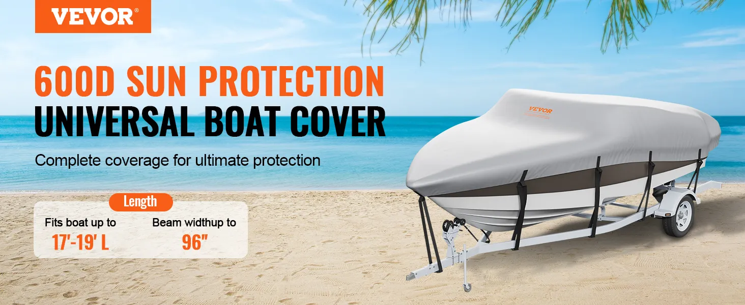 VEVOR boat cover offering 600d sun protection for boats up to 19-ft long and 96-in width.