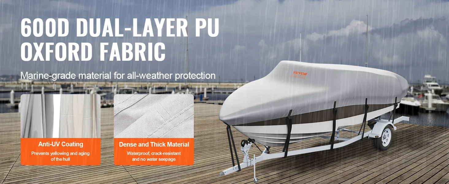 VEVOR boat cover on trailer, highlighting 600d pu oxford fabric, anti-uv coating, and thick waterproof material.