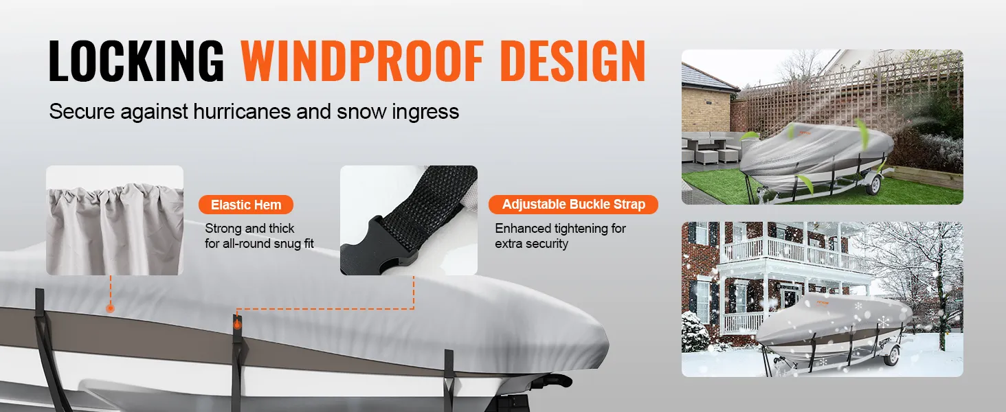 VEVOR boat cover with elastic hem and adjustable buckle strap for windproof and snow protection.