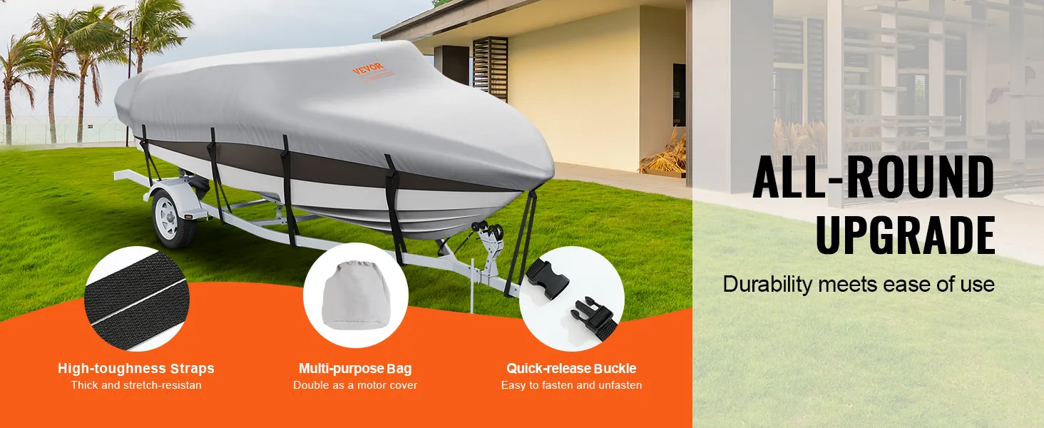 VEVOR boat cover with high-toughness straps, multi-purpose bag, and quick-release buckle in a backyard.