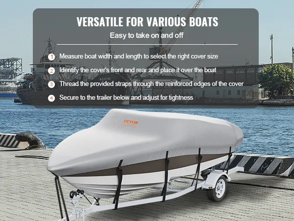 VEVOR boat cover on a trailer by a harbor, showcasing easy installation steps for various boats.