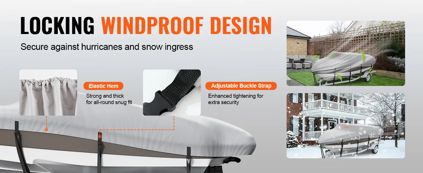 VEVOR boat cover with locking windproof design, elastic hem, and adjustable buckle strap for secure fit.