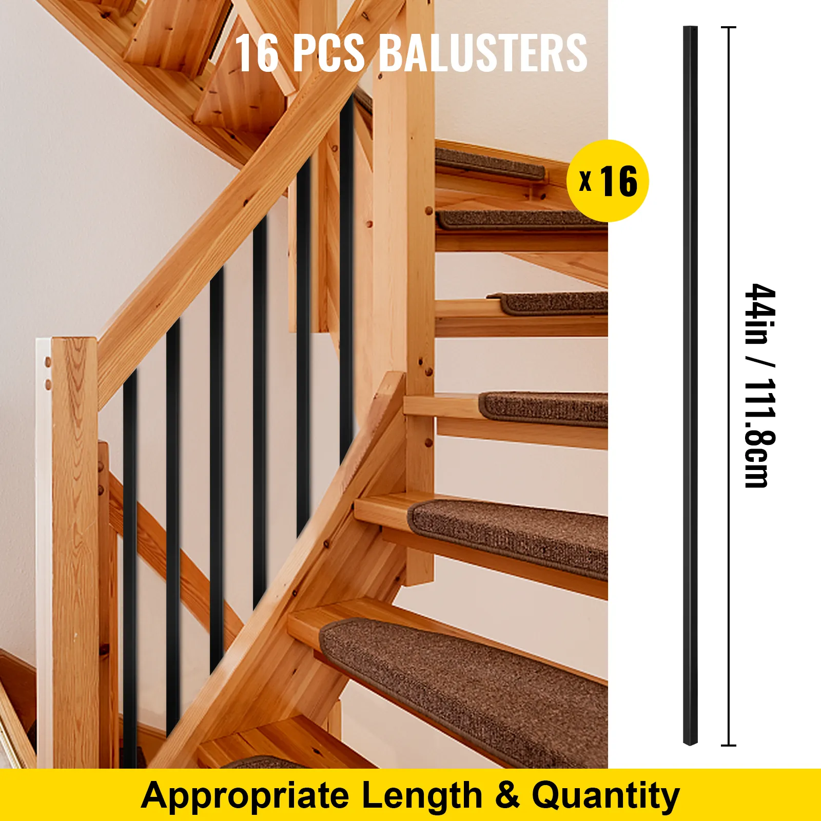 16 balaustres de cubierta VEVOR, 44 pulgadas de largo, exhibidos en una escalera de madera.