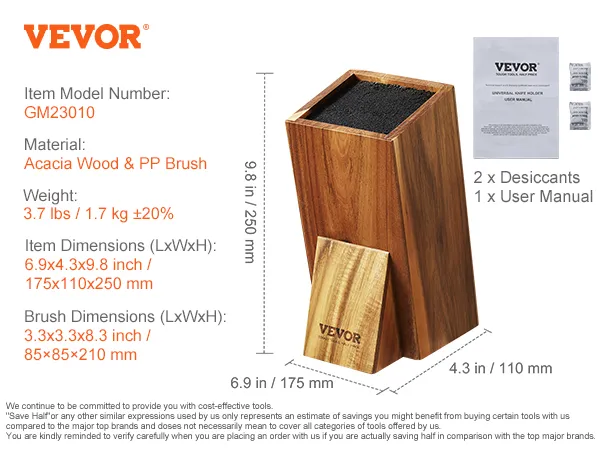VEVOR knife holder made of acacia wood with pp brush insert, includes 2 desiccants and user manual.