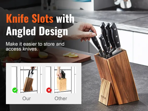 VEVOR knife holder with angled slots for easier knife access, displayed on a kitchen countertop.