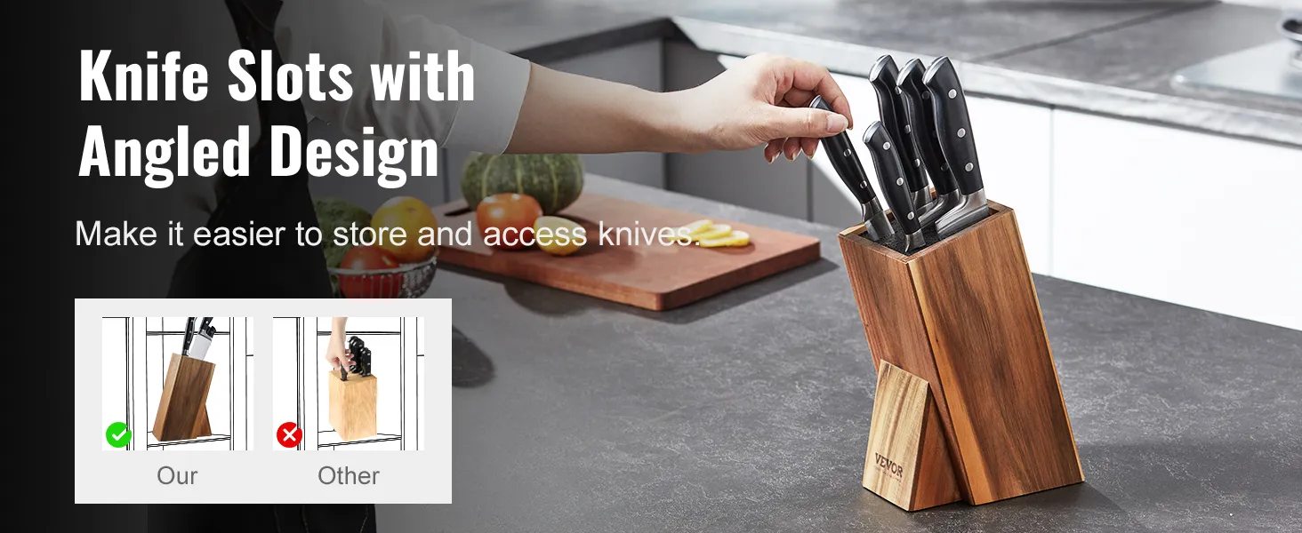 VEVOR knife holder with angled slots for easier knife access, displayed on a kitchen countertop.