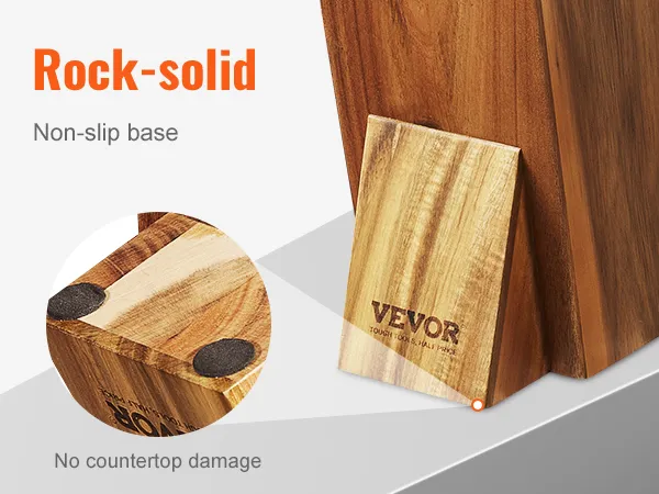 VEVOR knife holder with non-slip base and no countertop damage, shown in wood finish.