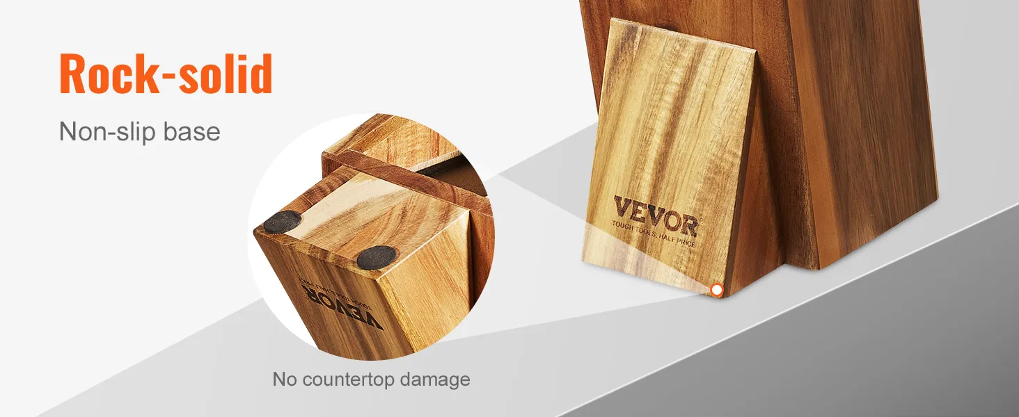 VEVOR knife holder with non-slip base and no countertop damage, shown in wood finish.