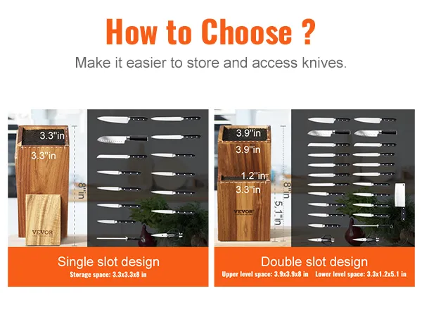 VEVOR knife holder, single slot vs. double slot design, detailed measurements and knife arrangements.