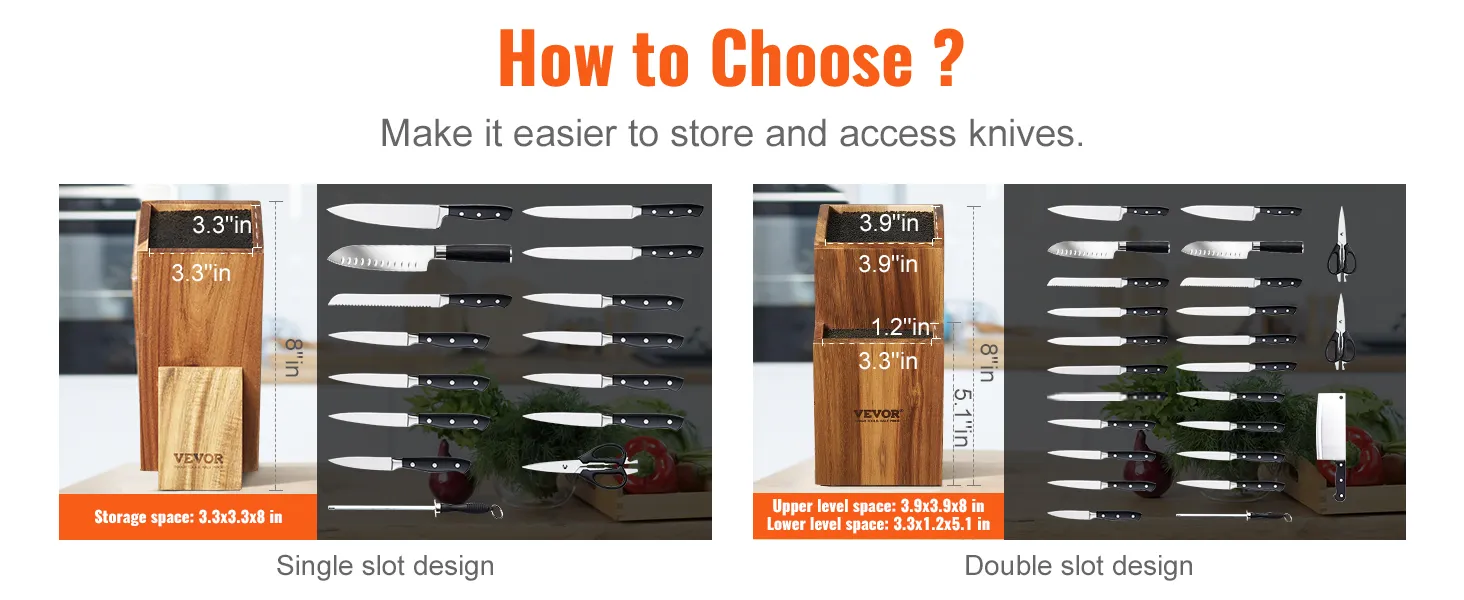 VEVOR knife holder, single slot vs. double slot design, detailed measurements and knife arrangements.