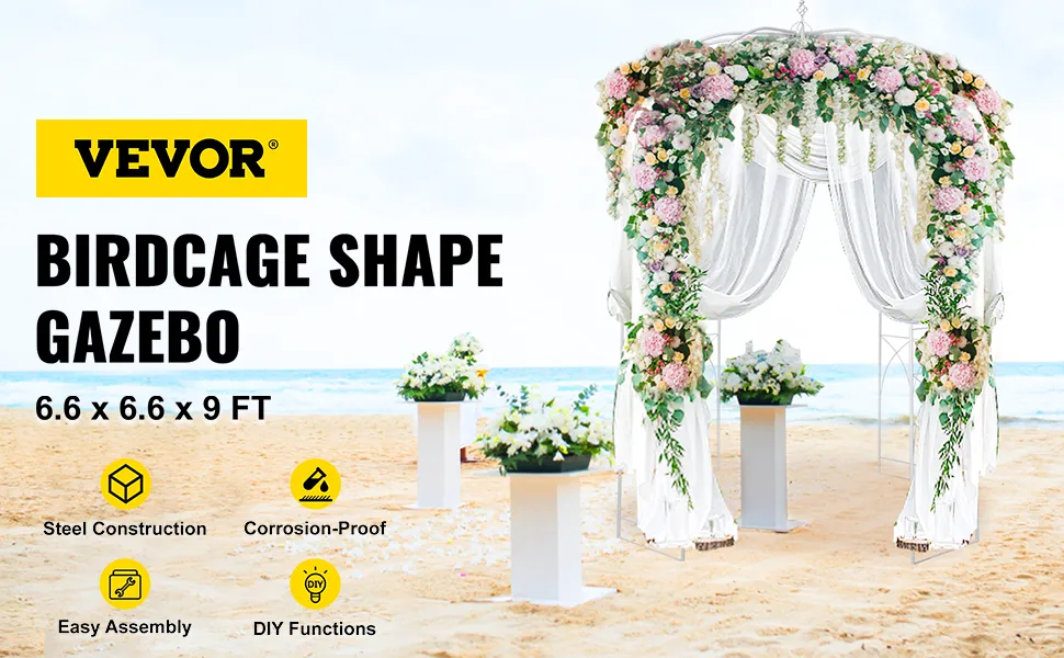 VEVOR garden arbor birdcage-shaped gazebo with floral decorations on a beach.
