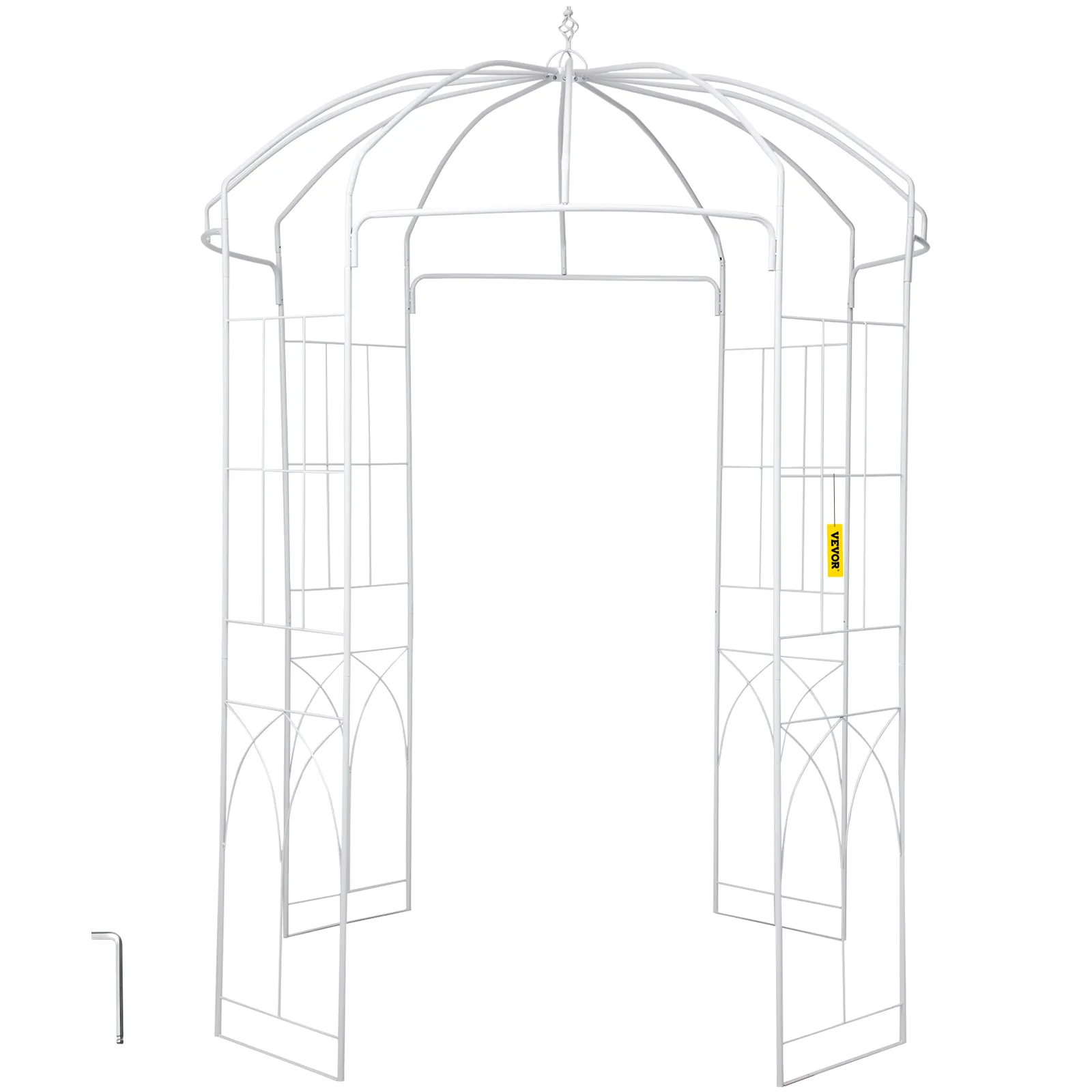 white VEVOR garden arbor with a decorative arch and a small wrench included.