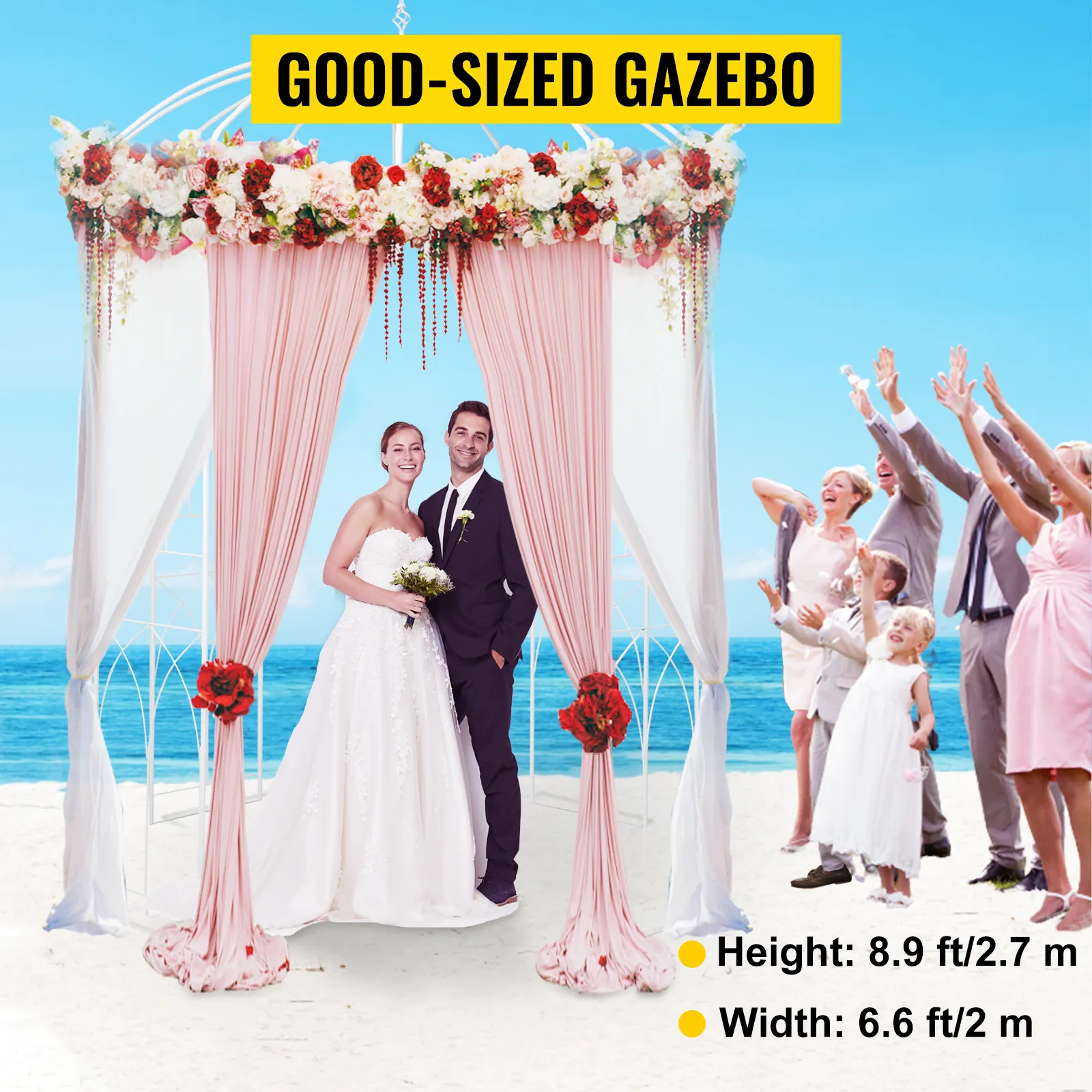 beach wedding under VEVOR garden arbor adorned with flowers, draped curtains, and guests.
