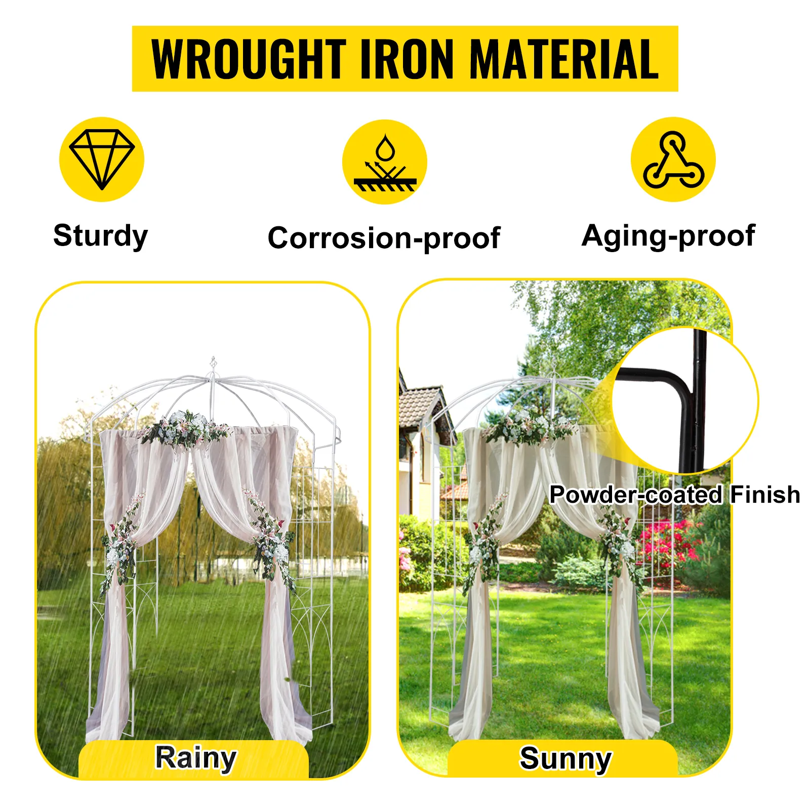 VEVOR garden arbor: wrought iron, sturdy, corrosion-proof, aging-proof, rain or shine.