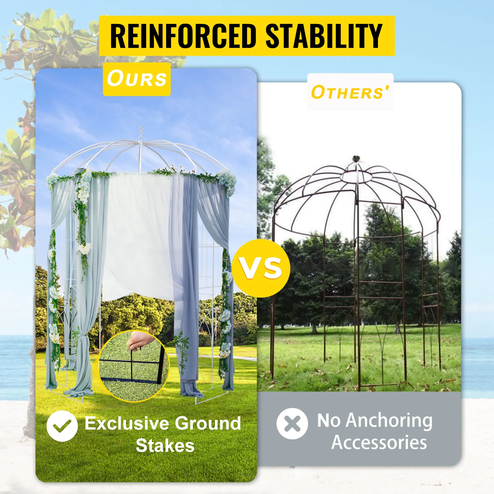 VEVOR garden arbor vs competitors with exclusive ground stakes vs no anchoring accessories.
