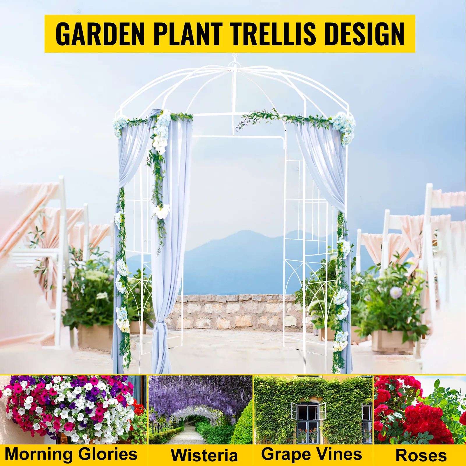 VEVOR garden arbor with floral accents and curtains, ideal for outdoors.