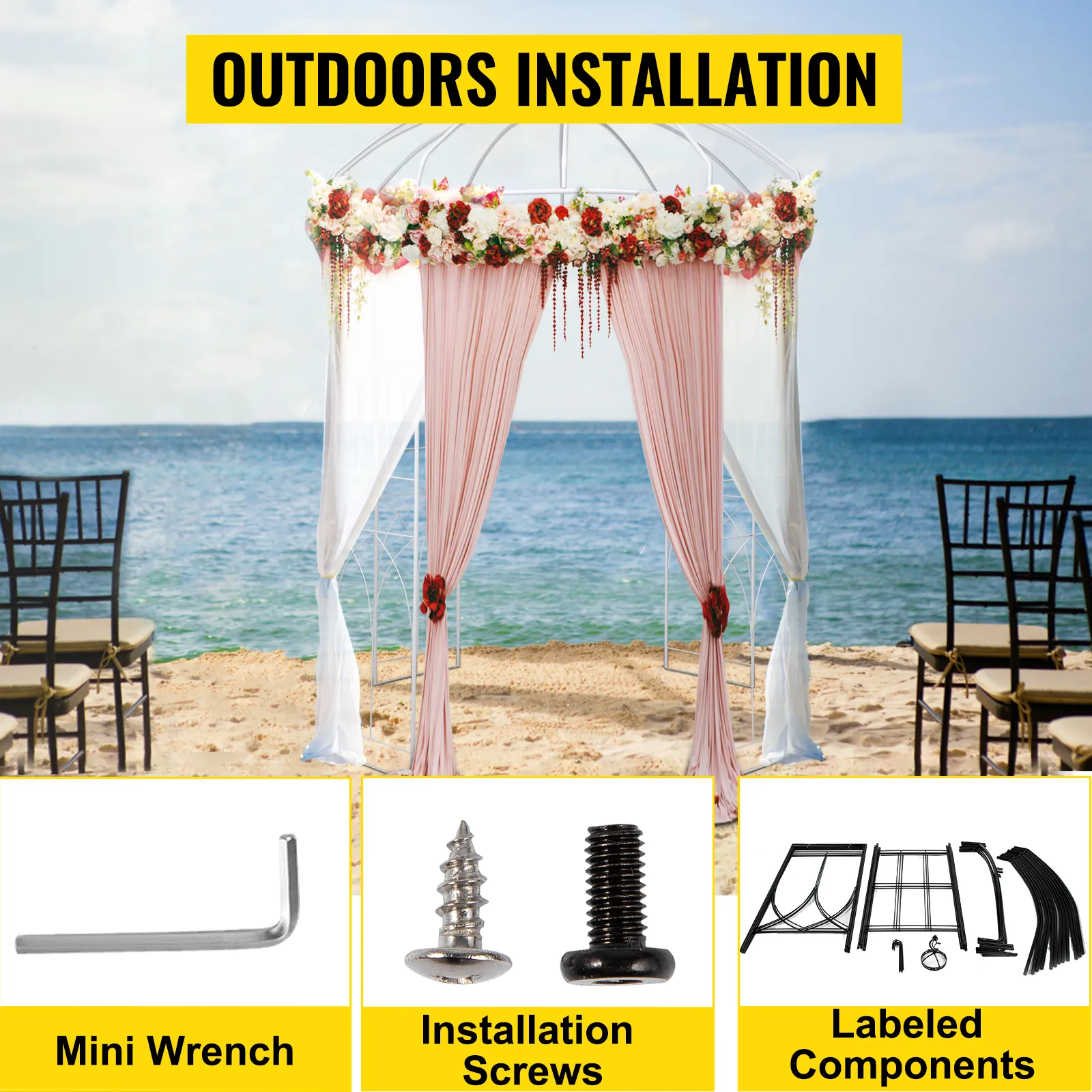 VEVOR garden arbor setup on a beach with chairs, includes mini wrench and installation screws.