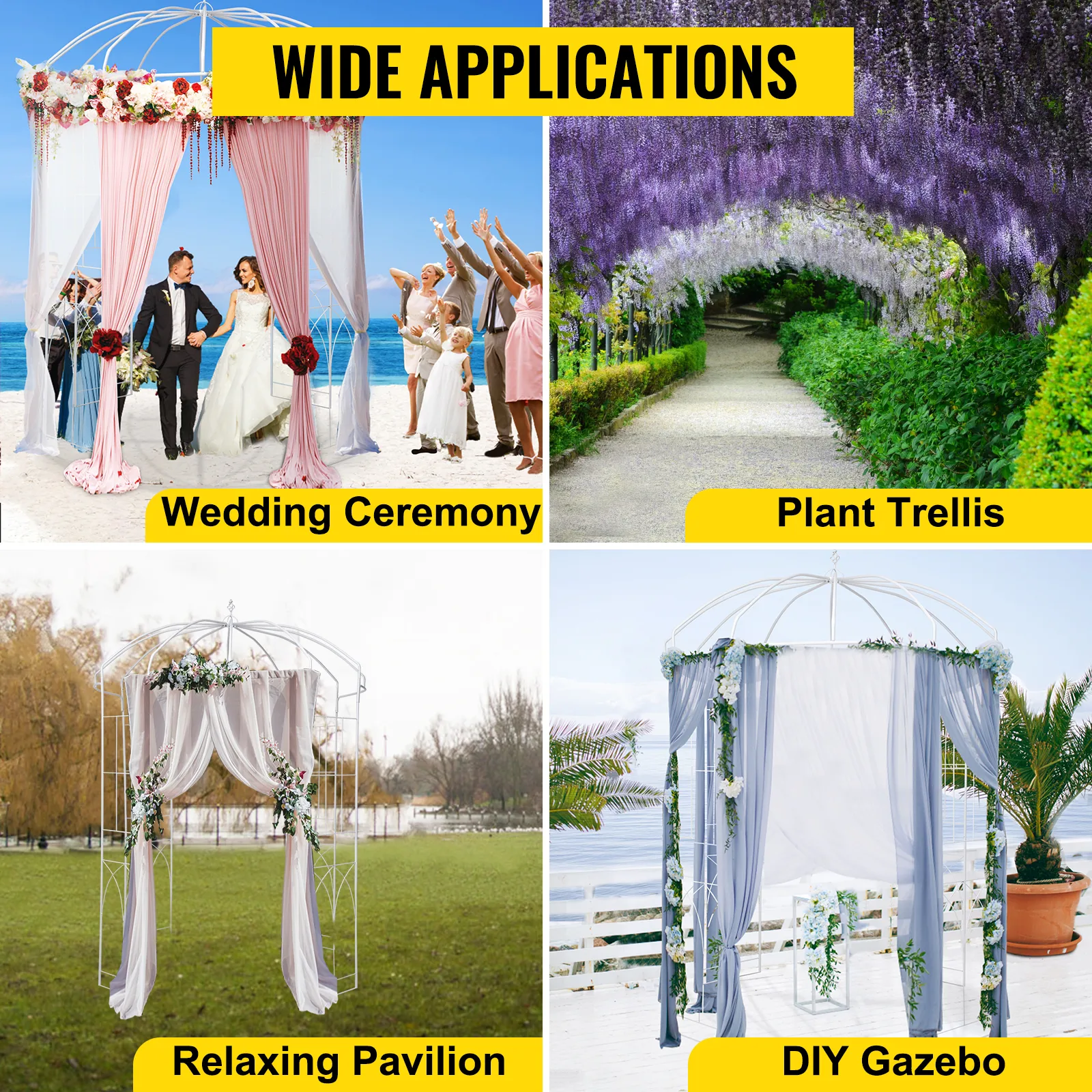 VEVOR garden arbor with curtains for wedding, plant trellis, pavilion, and diy gazebo setup.