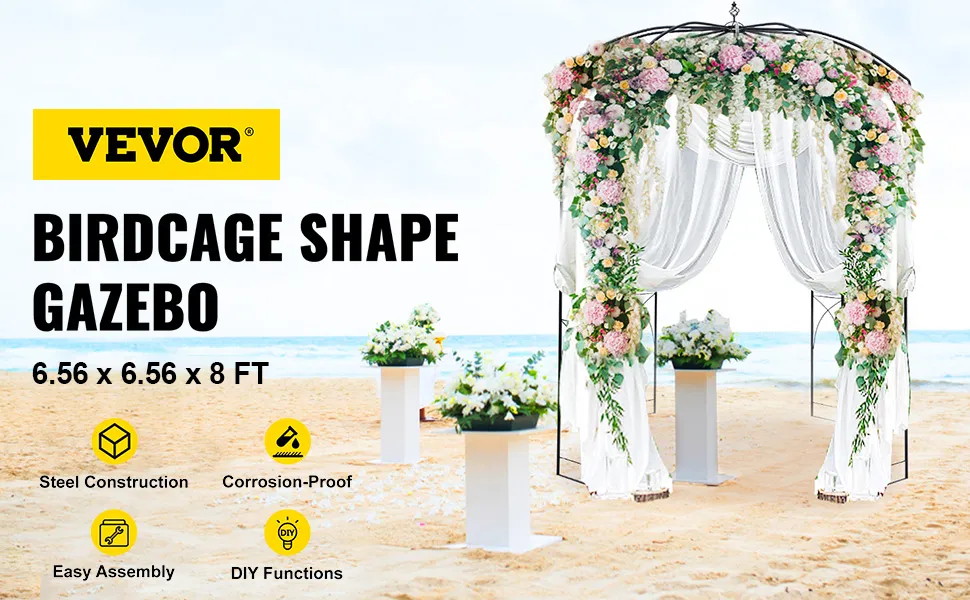 VEVOR-Gartenlaube an einem Strand, mit Blumen geschmückt und mit weißem Stoff drapiert.