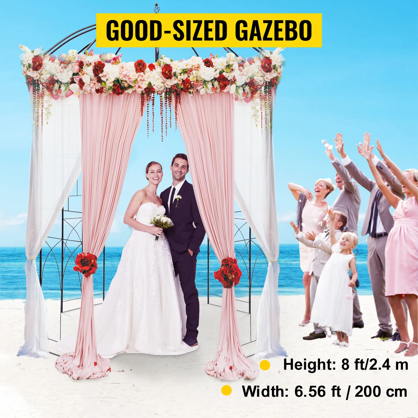 VEVOR Gartenlaube: Strandhochzeit mit Blumen und drapierten Vorhängen, feiernde Gäste.